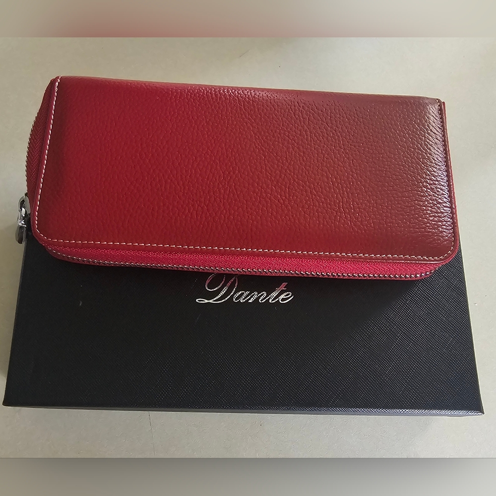 Dante Women's RFID blocking leather zip wallet/clutch Large(deep Red)